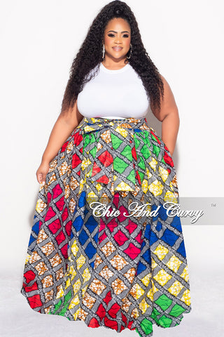 Final Sale Plus Size High Waist Maxi Skirt with Tie in Multi Color Diamond Print
