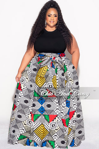 Final Sale Plus Size High Waist Maxi Skirt with Tie in White Black Red Green and Royal Blue Design Print