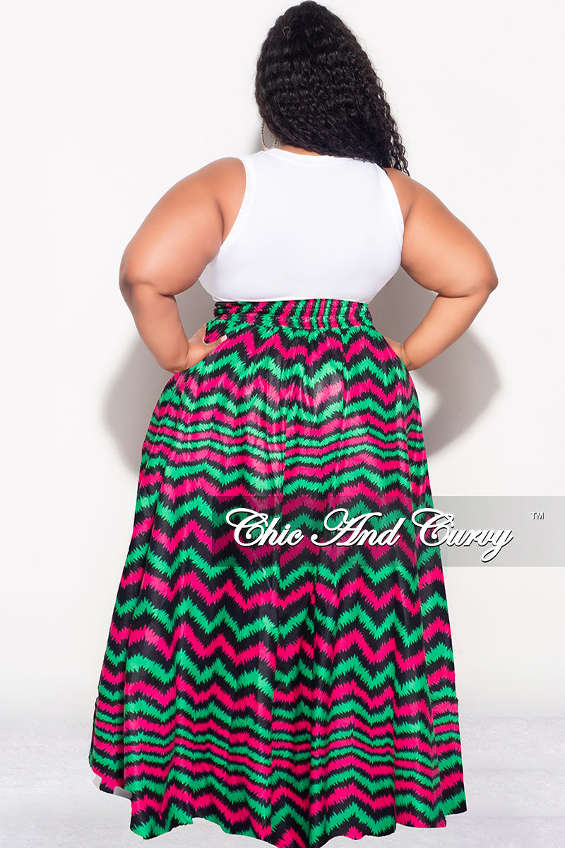 Final Sale Plus Size High Waist Maxi Skirt with Tie in Fuchsia Green and Navy Zig Zag Print - One Size Up to 20 Final Sale Plus Size High Waist Maxi Skirt with Tie in Fuchsia Green and Navy Zig Zag Print - One Size Up to 20