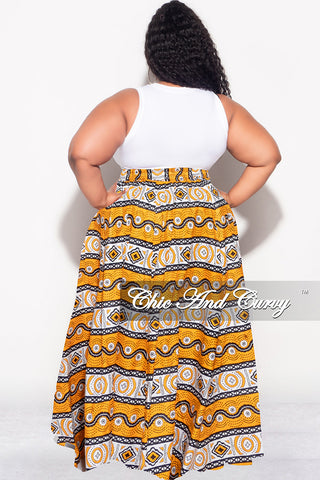 Final Sale Plus Size High Waist Maxi Skirt with Tie in Mustard Design Print