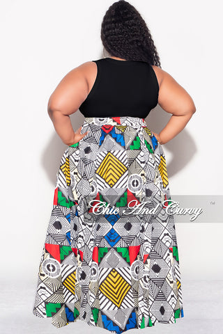 Final Sale Plus Size High Waist Maxi Skirt with Tie in White Black Red Green and Royal Blue Design Print