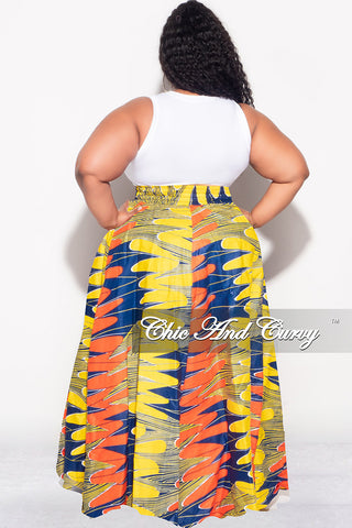 Final Sale Plus Size High Waist Maxi Skirt with Tie in Royal Blue Orang and Yellow Design Print