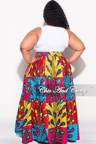Final Sale Plus Size High Waist Maxi Skirt with Tie in Multi Color Design Print