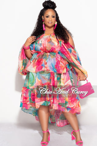 Final Sale Plus Size 2pc Chiffon Cold Shoulder 2pc Set with Ruffle Skirt Set in Fuchsia Print