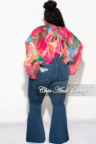 Final Sale Plus Size Sheer Balloon Sleeve Crop Top in Fuchsia Floral Multi Color Print