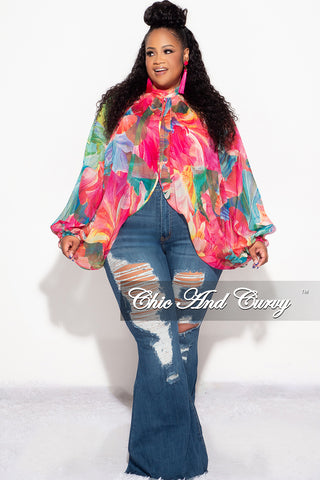 Final Sale Plus Size Sheer Balloon Sleeve Crop Top in Fuchsia Floral Multi Color Print