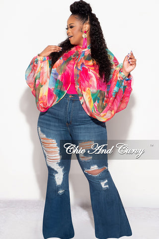 Final Sale Plus Size Sheer Balloon Sleeve Crop Top in Fuchsia Floral Multi Color Print