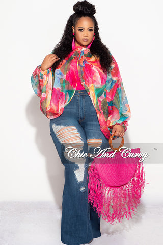 Final Sale Plus Size Sheer Balloon Sleeve Crop Top in Fuchsia Floral Multi Color Print