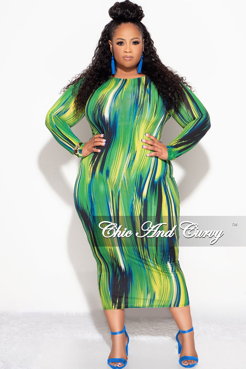 Final Sale Plus Size BodyCon Dress in Green Design Print