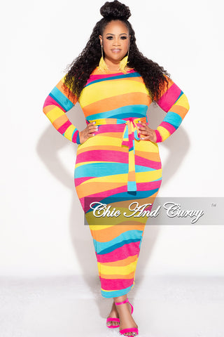 Final Sale Plus Size BodyCon Dress with Tie in Multi Color Stripe Print