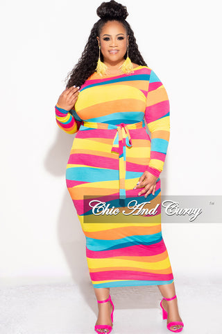 Final Sale Plus Size BodyCon Dress with Tie in Multi Color Stripe Print
