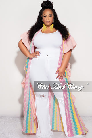 Final Sale Plus Size Knitted Cardigan with Ruffle Sides in Pink Multi Color Zig Zag Print
