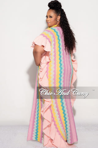 Final Sale Plus Size Knitted Cardigan with Ruffle Sides in Pink Multi Color Zig Zag Print