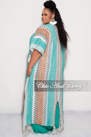 Final Sale Plus Size Knitted Cardigan with Bottom Tassels in Teal and Brown