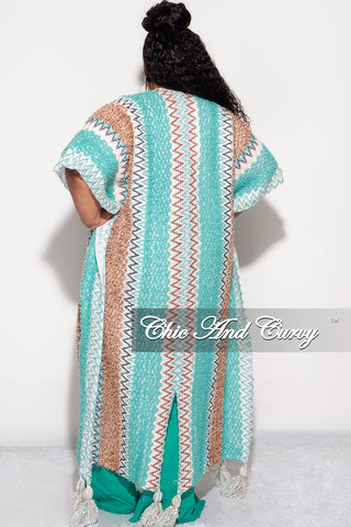 Final Sale Plus Size Knitted Cardigan with Bottom Tassels in Teal and Brown