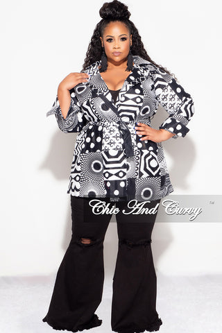 Final Sale Plus Size Blazer Jacket with Belt in Black and White Design Print