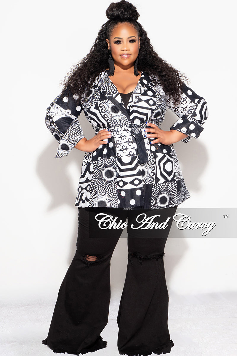 Final Sale Plus Size Blazer Jacket with Belt in Black and White Design Print