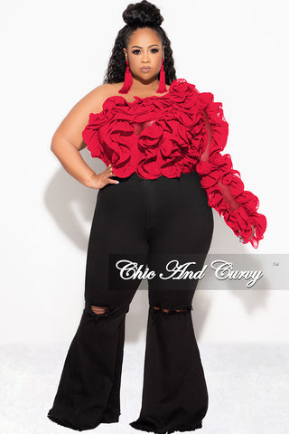 Final Sale Plus Size Ruffled One Shoulder Crop Top in Red
