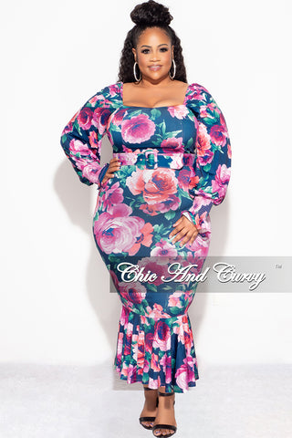 Final Sale Plus Size Midi BodyCon Dress with Ruffle Bottom in Navy Floral Print