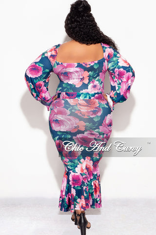 Final Sale Plus Size Midi BodyCon Dress with Ruffle Bottom in Navy Floral Print