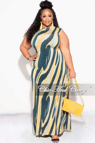 Final Sale Plus Size Sleeveless Maxi Dress in Mustard Multi Color Design Print