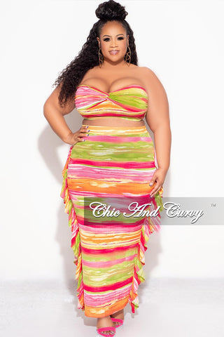 Final Sale Plus Size 2pc Strapless Crop Top and Ruffle Skirt Set in Multi Color