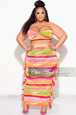 Final Sale Plus Size 2pc Strapless Crop Top and Ruffle Skirt Set in Multi Color