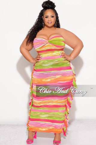 Final Sale Plus Size 2pc Strapless Crop Top and Ruffle Skirt Set in Multi Color