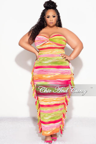 Final Sale Plus Size 2pc Strapless Crop Top and Ruffle Skirt Set in Multi Color