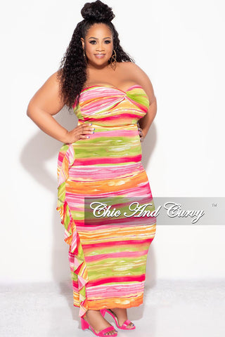 Final Sale Plus Size 2pc Strapless Crop Top and Ruffle Skirt Set in Multi Color