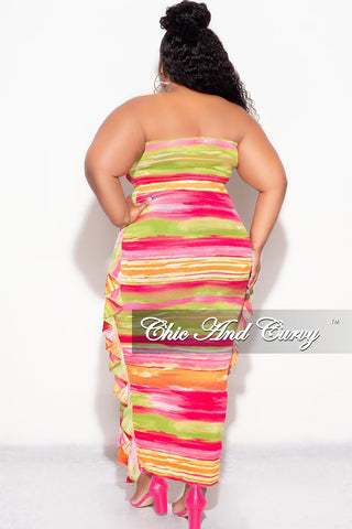 Final Sale Plus Size 2pc Strapless Crop Top and Ruffle Skirt Set in Multi Color