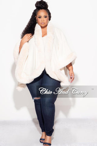 Final Sale Plus Size Poncho w/ Faux Fur Collar and Sleeve Trim in Ivory