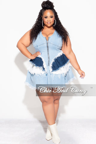 Final Sale Plus Size Sleeveless Zip Up Peplum Dress in Denim