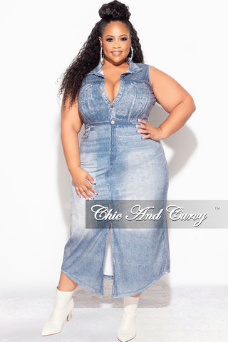 Final Sale Plus Size Collar Button Up Dress with Front Slit in Denim Fabric