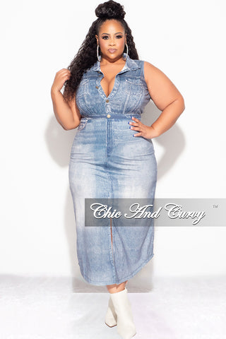 Final Sale Plus Size Collar Button Up Dress with Front Slit in Denim Fabric