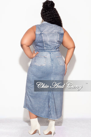 Final Sale Plus Size Collar Button Up Dress with Front Slit in Denim Fabric