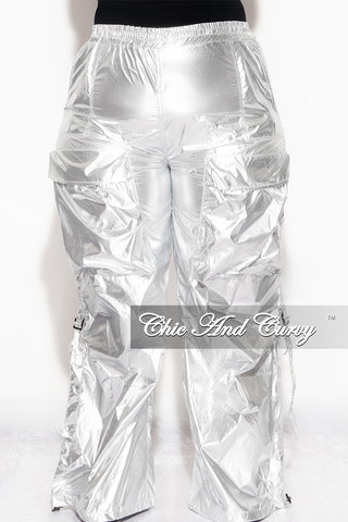 Final Sale Plus Size Metallic Cargo Pants In Silver