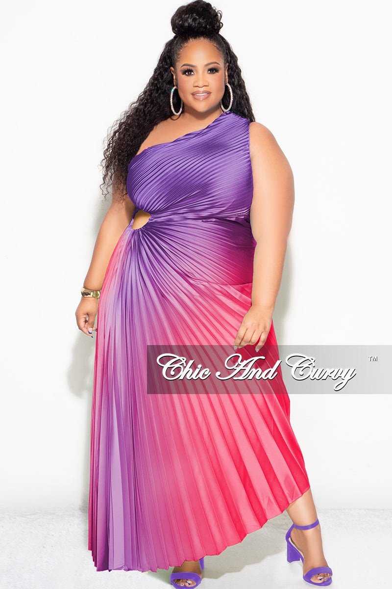 Final Sale Plus Size Satin One Shoulder Asymmetric Pleated Dress with Cut Out in Purple and Fuchsia - XL 10/12 Final Sale Plus Size Satin One Shoulder Asymmetric Pleated Dress with Cut Out in Purple and Fuchsia - XL 10/12