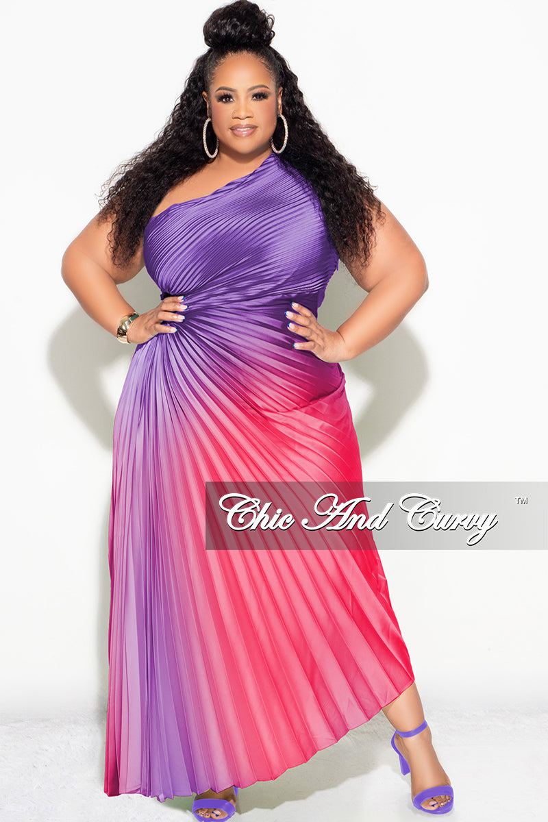 Final Sale Plus Size Satin One Shoulder Asymmetric Pleated Dress with Cut Out in Purple and Fuchsia
