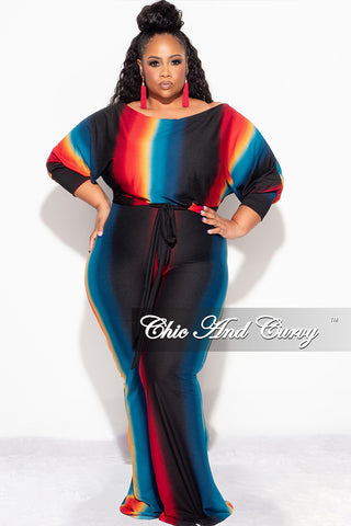 Final Sale Plus Size 2pc Ribbed Tie Top and Pants Set In Black, Teal & Red