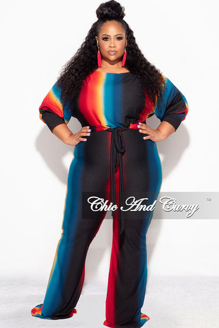 Final Sale Plus Size 2pc Ribbed Tie Top and Pants Set In Black, Teal & Red