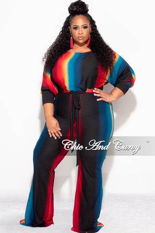 Final Sale Plus Size 2pc Ribbed Tie Top and Pants Set In Black, Teal & Red