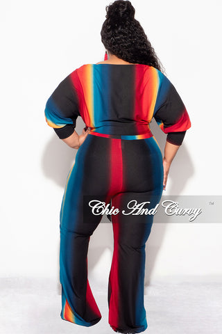 Final Sale Plus Size 2pc Ribbed Tie Top and Pants Set In Black, Teal & Red