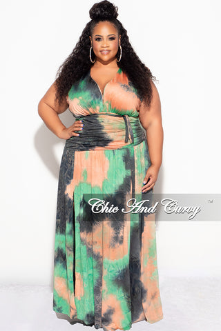 Final Sale Plus Size Maxi Dress with slits  in Green Tie Dye