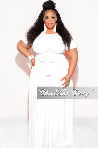 Final Sale Plus Size 2pc Short Sleeve Tie Top and Skirt Set in White