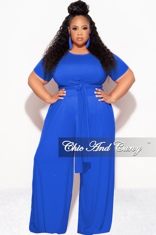 Final Sale Plus Size 2pc Short Sleeve Tie Top and Pants Set in Royal Blue