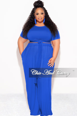 Final Sale Plus Size 2pc Short Sleeve Tie Top and Pants Set in Royal Blue