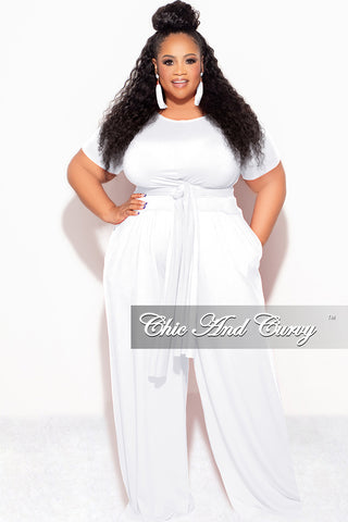 Final Sale Plus Size 2pc Short Sleeve Tie Top and Pants Set in White