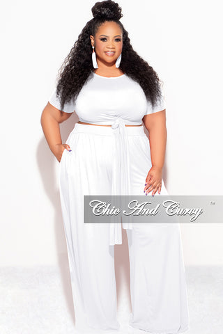 Final Sale Plus Size 2pc Short Sleeve Tie Top and Pants Set in White