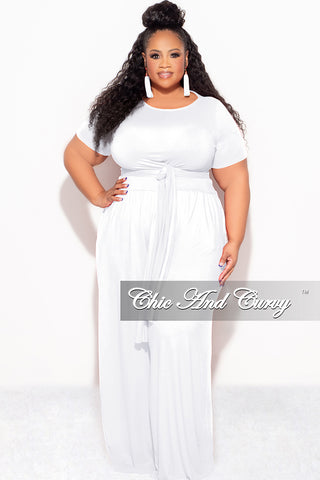 Final Sale Plus Size 2pc Short Sleeve Tie Top and Pants Set in White